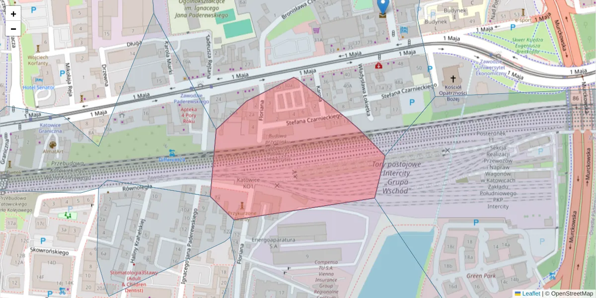 Szczegółowa mapa kodu pocztowego 40-288 z granicami, sąsiednimi kodami pocztowymi i urzędami pocztowymi