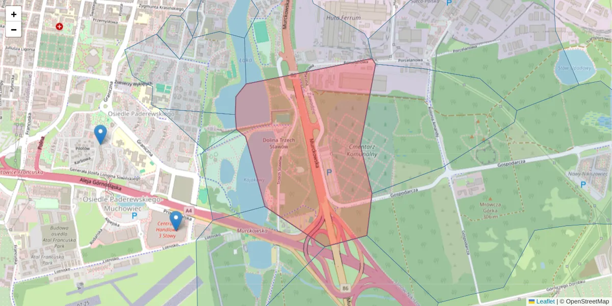 Szczegółowa mapa kodu pocztowego 40-291 z granicami, sąsiednimi kodami pocztowymi i urzędami pocztowymi