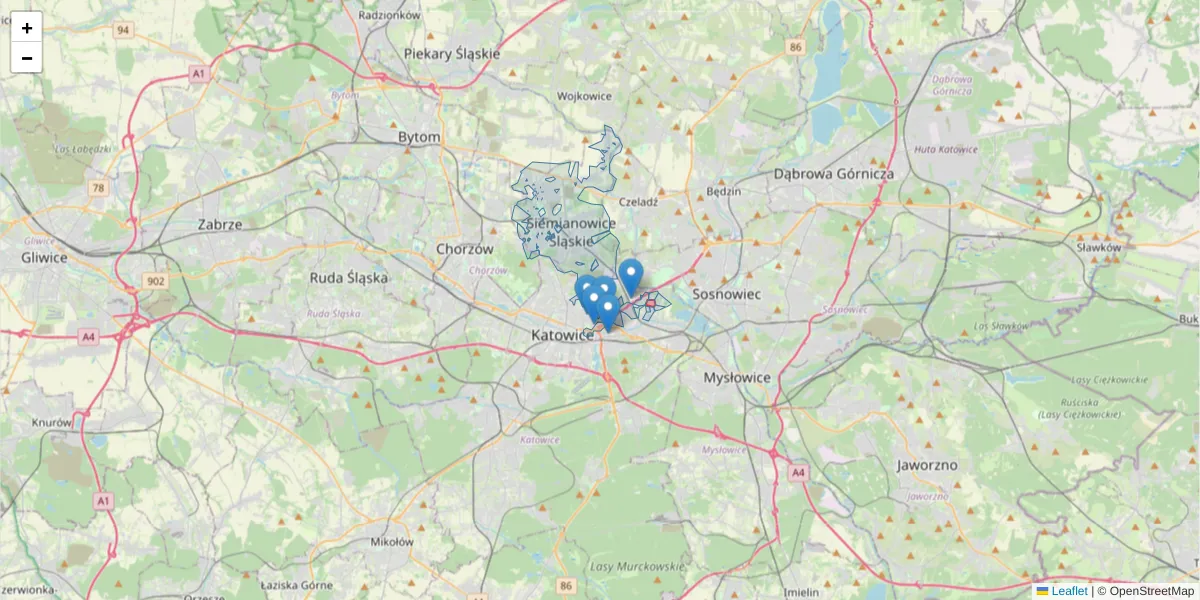 Szczegółowa mapa kodu pocztowego 40-304 z granicami, sąsiednimi kodami pocztowymi i urzędami pocztowymi