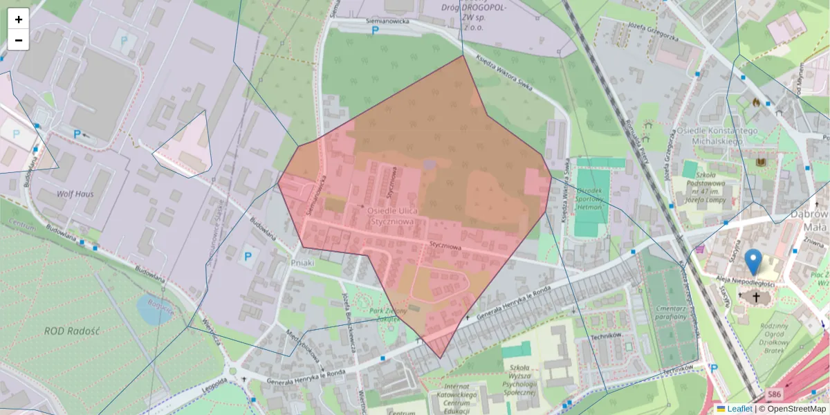 Szczegółowa mapa kodu pocztowego 40-305 z granicami, sąsiednimi kodami pocztowymi i urzędami pocztowymi