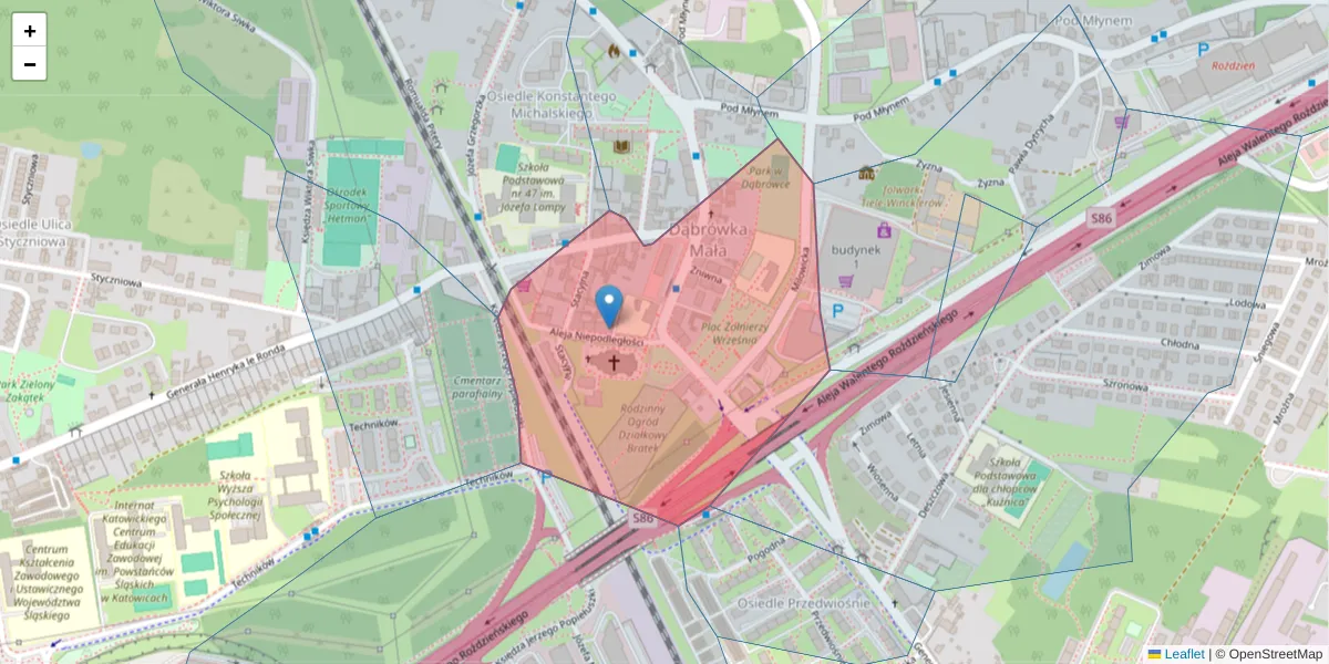 Szczegółowa mapa kodu pocztowego 40-310 z granicami, sąsiednimi kodami pocztowymi i urzędami pocztowymi