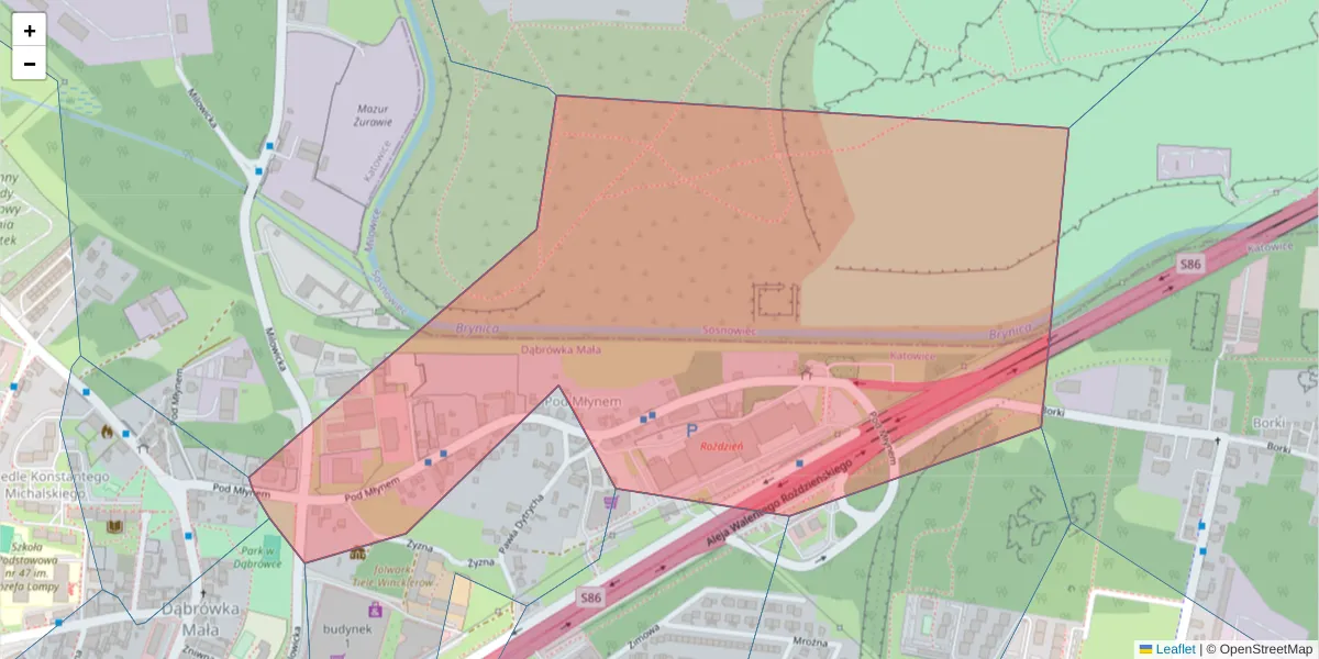 Szczegółowa mapa kodu pocztowego 40-313 z granicami, sąsiednimi kodami pocztowymi i urzędami pocztowymi