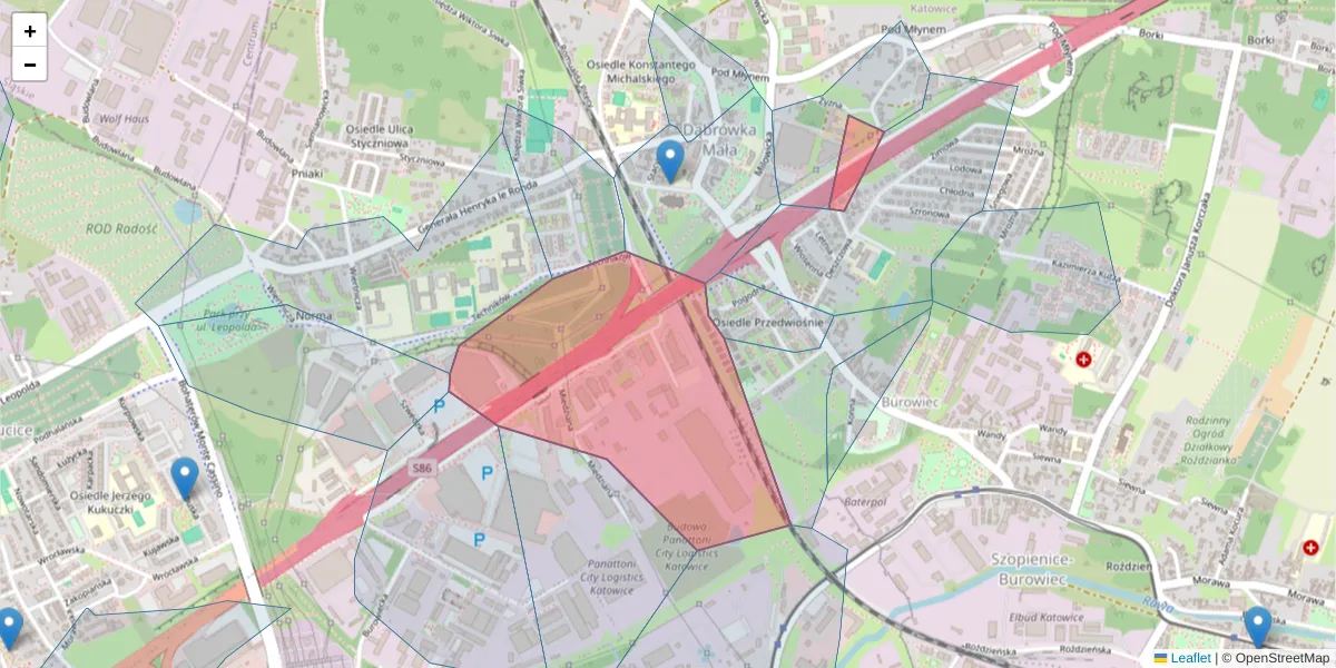 Szczegółowa mapa kodu pocztowego 40-315 z granicami, sąsiednimi kodami pocztowymi i urzędami pocztowymi