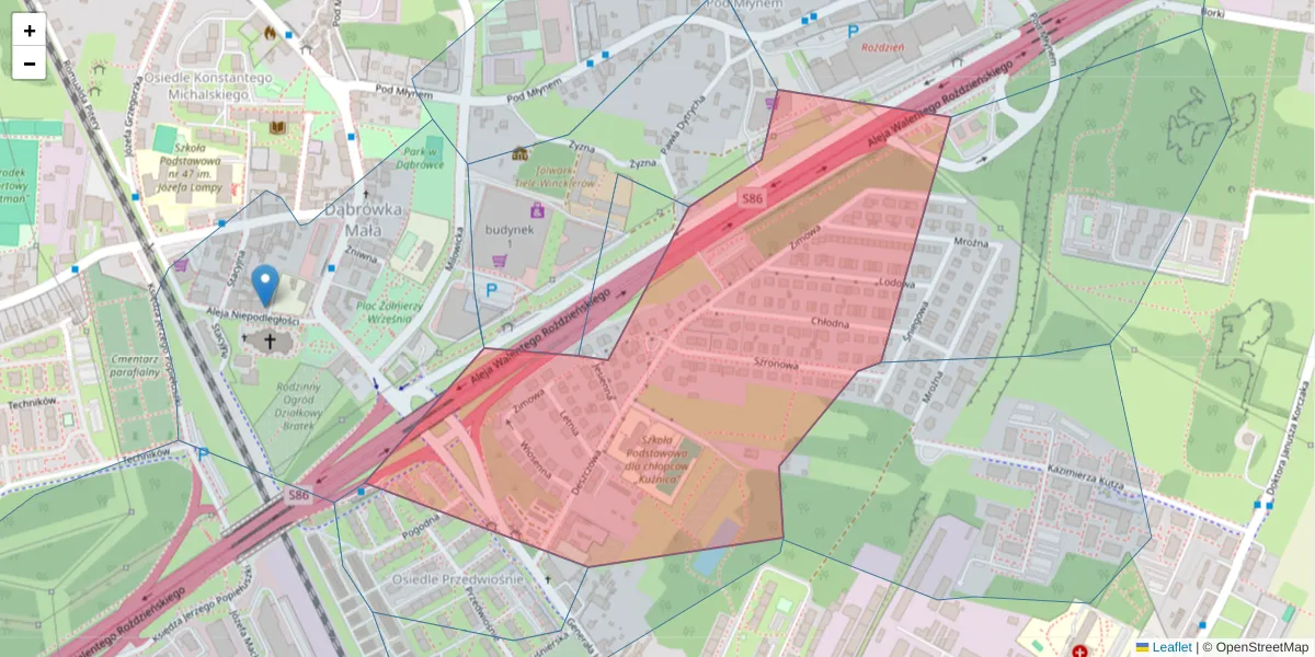 Szczegółowa mapa kodu pocztowego 40-318 z granicami, sąsiednimi kodami pocztowymi i urzędami pocztowymi