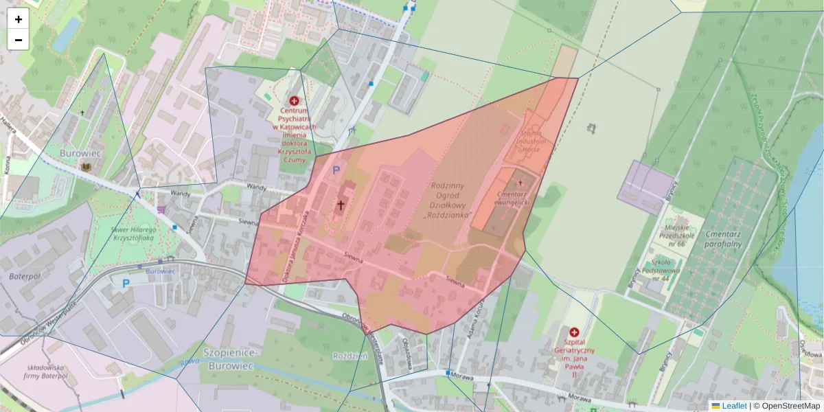 Szczegółowa mapa kodu pocztowego 40-339 z granicami, sąsiednimi kodami pocztowymi i urzędami pocztowymi
