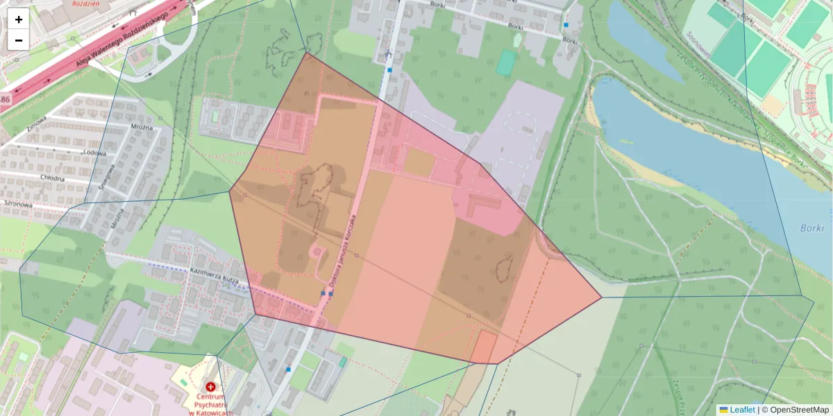 Szczegółowa mapa kodu pocztowego 40-340 z granicami, sąsiednimi kodami pocztowymi i urzędami pocztowymi