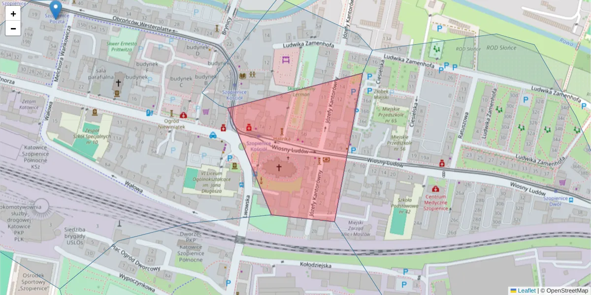 Szczegółowa mapa kodu pocztowego 40-377 z granicami, sąsiednimi kodami pocztowymi i urzędami pocztowymi