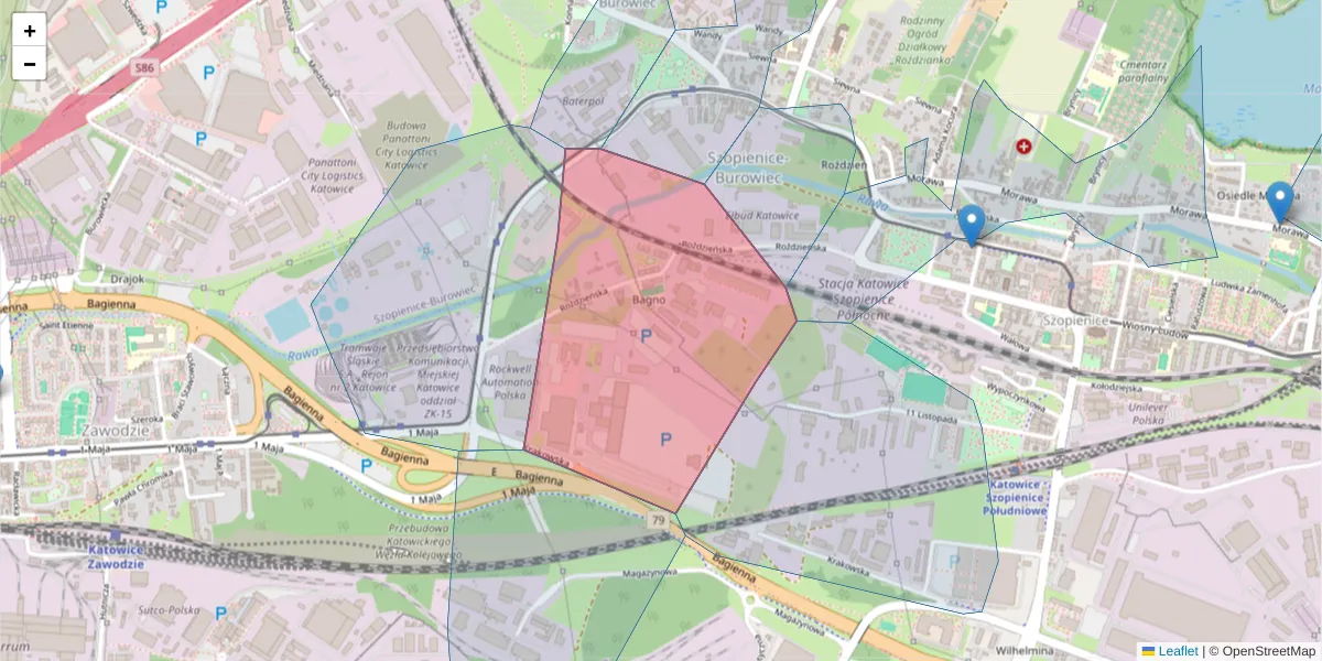 Szczegółowa mapa kodu pocztowego 40-382 z granicami, sąsiednimi kodami pocztowymi i urzędami pocztowymi