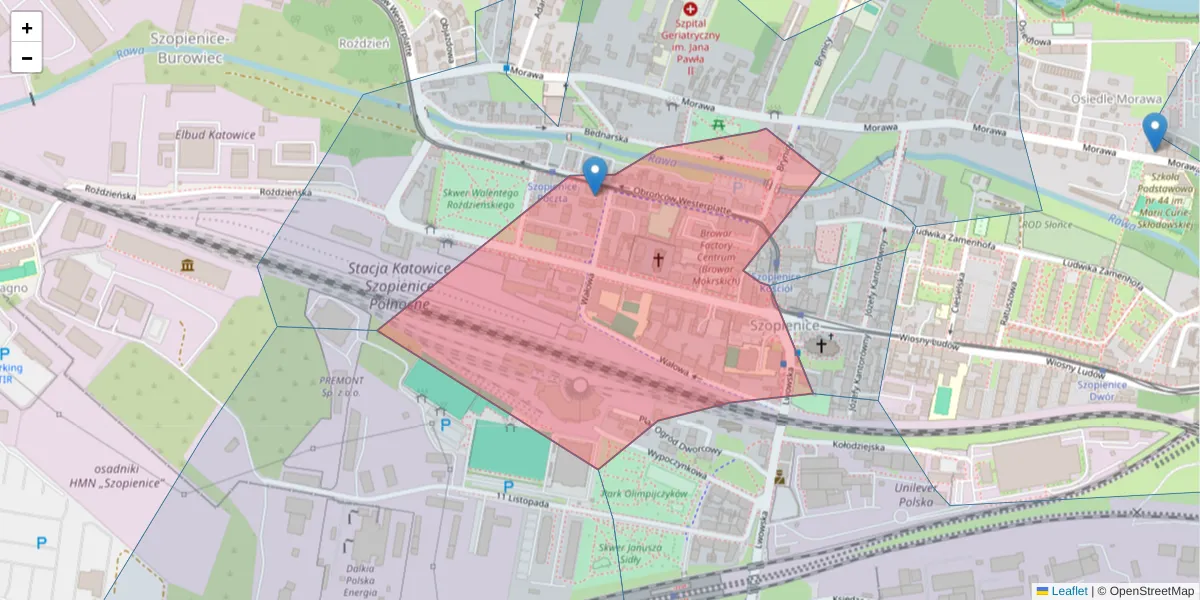 Szczegółowa mapa kodu pocztowego 40-384 z granicami, sąsiednimi kodami pocztowymi i urzędami pocztowymi
