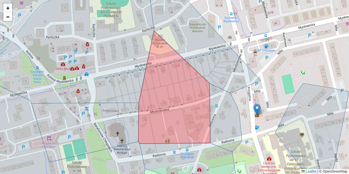 Szczegółowa mapa kodu pocztowego 40-472 z granicami, sąsiednimi kodami pocztowymi i urzędami pocztowymi