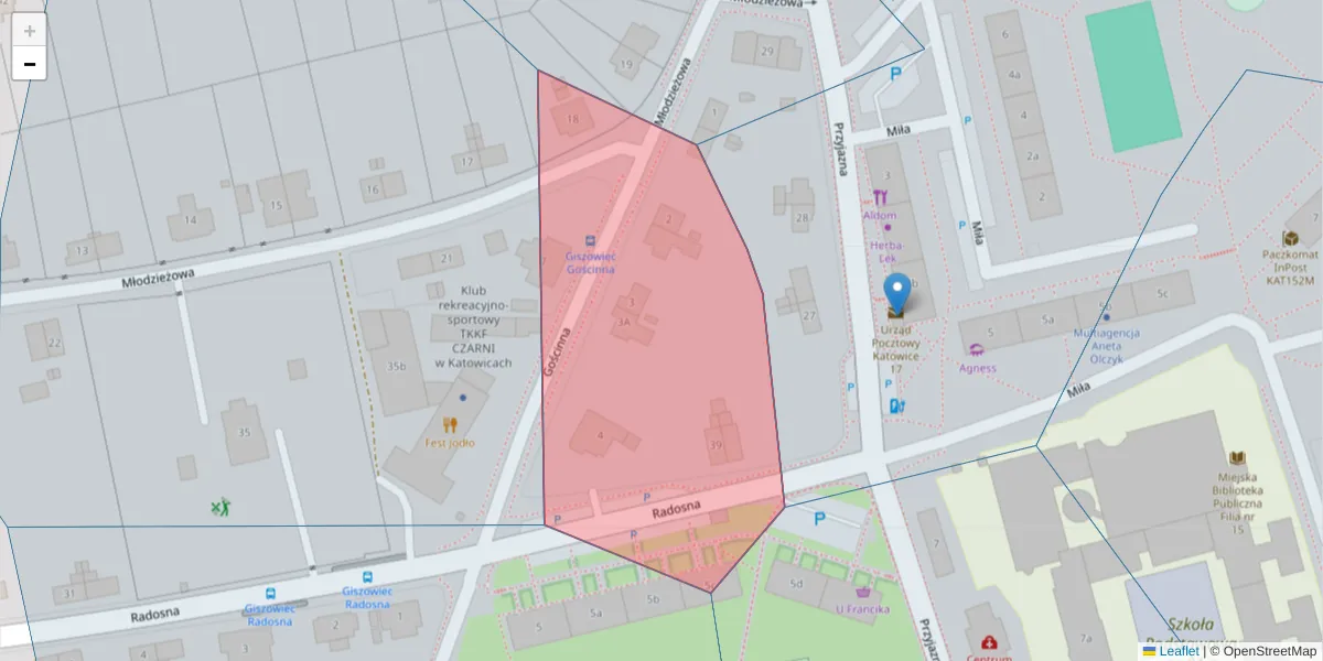 Szczegółowa mapa kodu pocztowego 40-477 z granicami, sąsiednimi kodami pocztowymi i urzędami pocztowymi