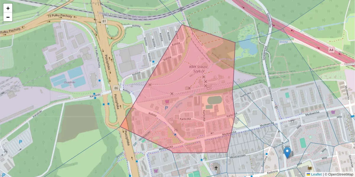 Szczegółowa mapa kodu pocztowego 40-486 z granicami, sąsiednimi kodami pocztowymi i urzędami pocztowymi