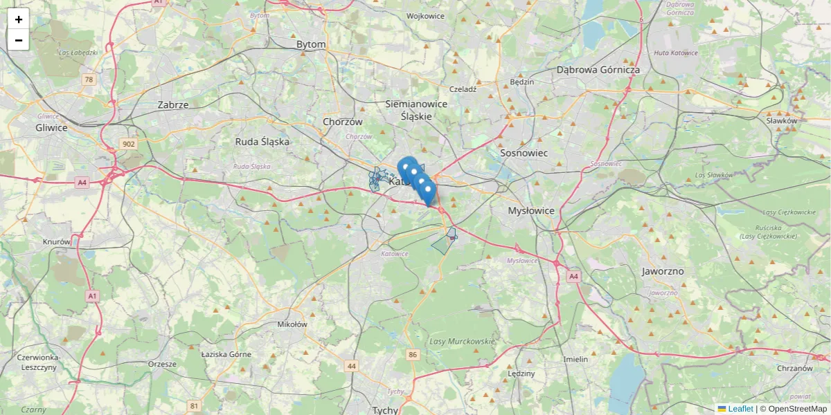 Szczegółowa mapa kodu pocztowego 40-487 z granicami, sąsiednimi kodami pocztowymi i urzędami pocztowymi