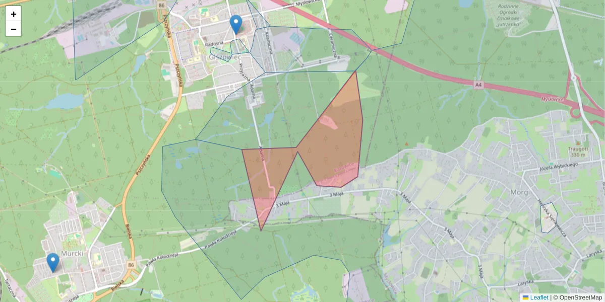 Szczegółowa mapa kodu pocztowego 40-499 z granicami, sąsiednimi kodami pocztowymi i urzędami pocztowymi