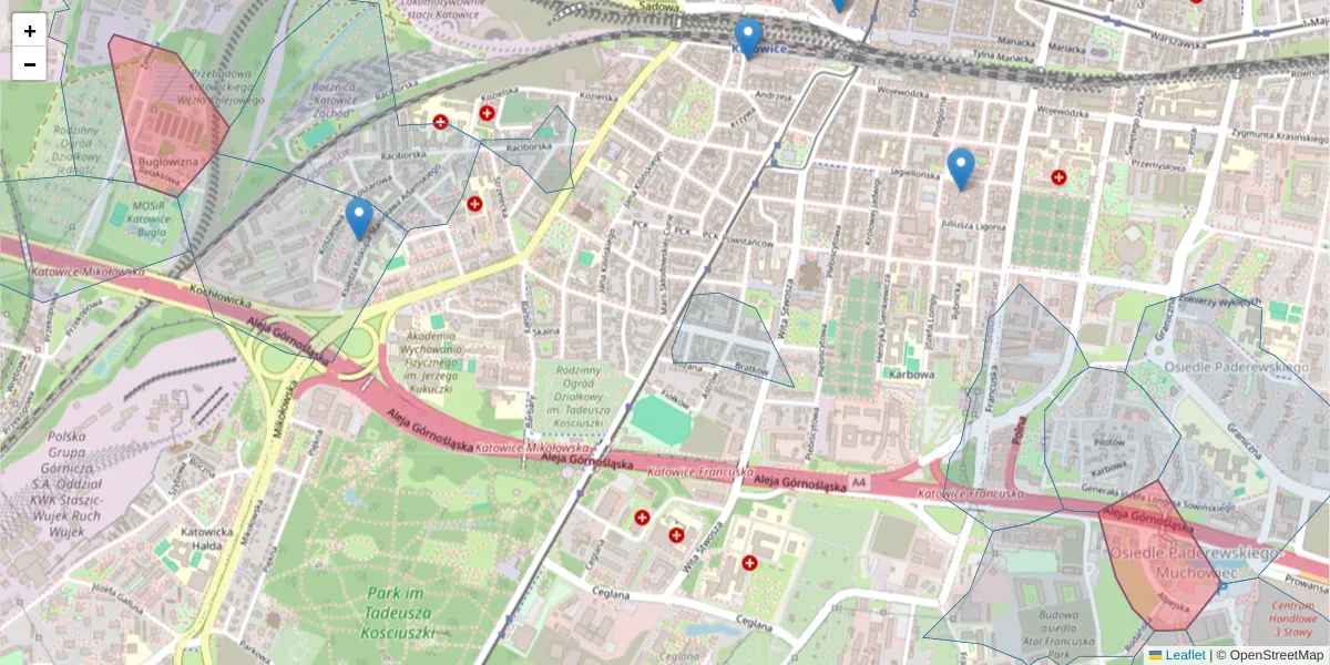 Szczegółowa mapa kodu pocztowego 40-500 z granicami, sąsiednimi kodami pocztowymi i urzędami pocztowymi