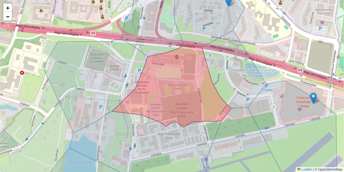 Szczegółowa mapa kodu pocztowego 40-502 z granicami, sąsiednimi kodami pocztowymi i urzędami pocztowymi