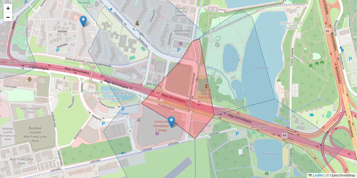 Szczegółowa mapa kodu pocztowego 40-511 z granicami, sąsiednimi kodami pocztowymi i urzędami pocztowymi