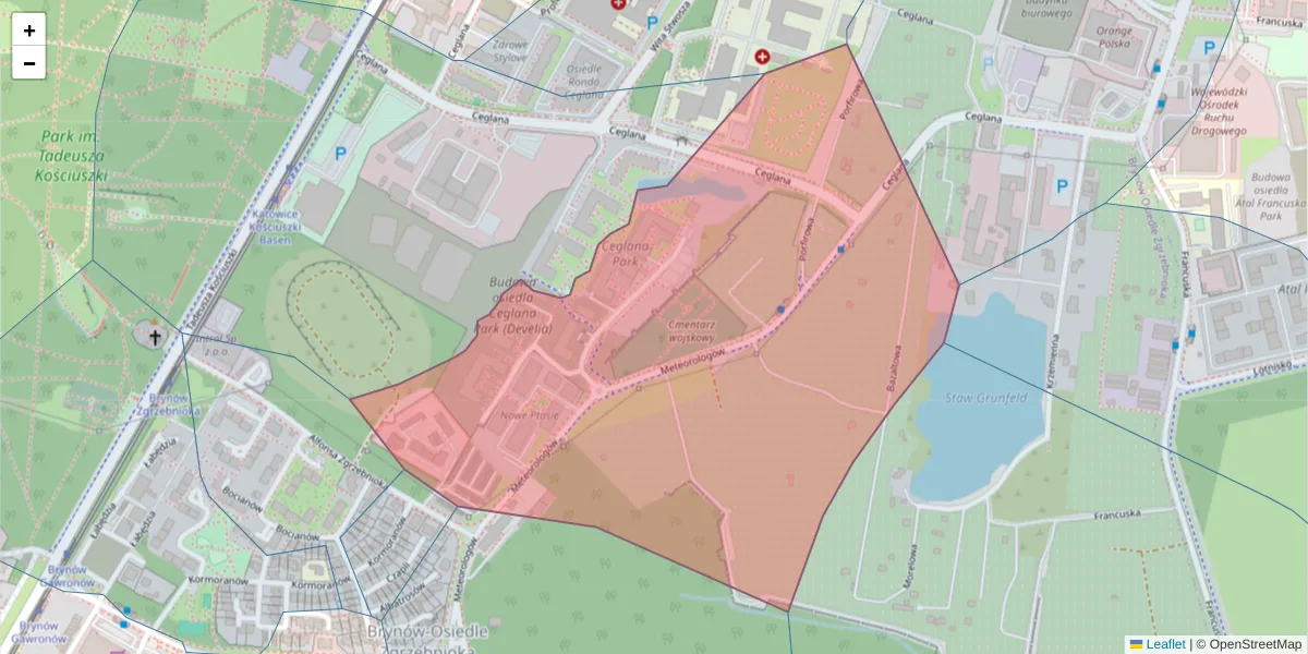 Szczegółowa mapa kodu pocztowego 40-526 z granicami, sąsiednimi kodami pocztowymi i urzędami pocztowymi