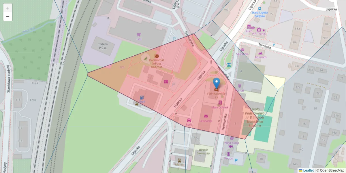 Szczegółowa mapa kodu pocztowego 40-561 z granicami, sąsiednimi kodami pocztowymi i urzędami pocztowymi