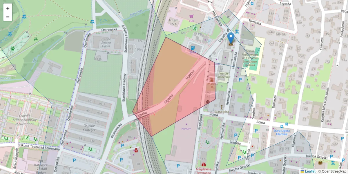 Szczegółowa mapa kodu pocztowego 40-562 z granicami, sąsiednimi kodami pocztowymi i urzędami pocztowymi