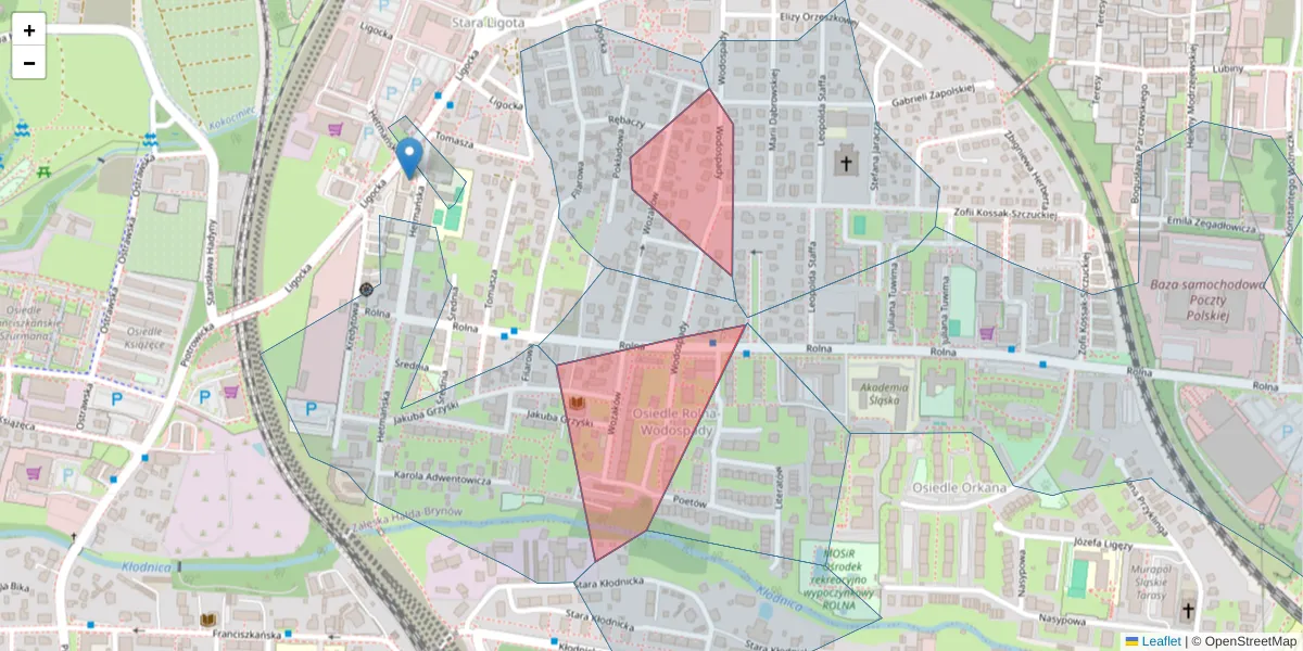 Szczegółowa mapa kodu pocztowego 40-567 z granicami, sąsiednimi kodami pocztowymi i urzędami pocztowymi