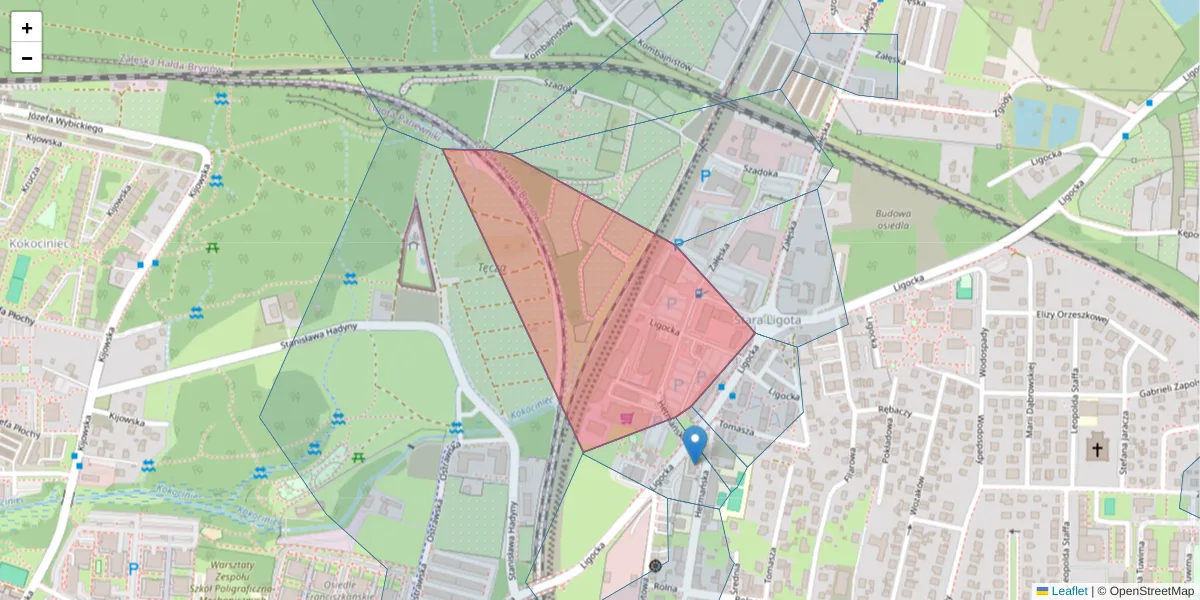 Szczegółowa mapa kodu pocztowego 40-568 z granicami, sąsiednimi kodami pocztowymi i urzędami pocztowymi