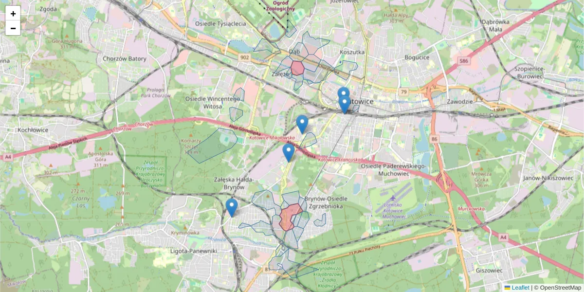Szczegółowa mapa kodu pocztowego 40-584 z granicami, sąsiednimi kodami pocztowymi i urzędami pocztowymi