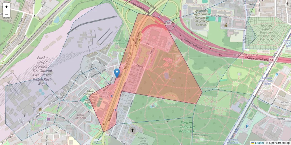 Szczegółowa mapa kodu pocztowego 40-592 z granicami, sąsiednimi kodami pocztowymi i urzędami pocztowymi