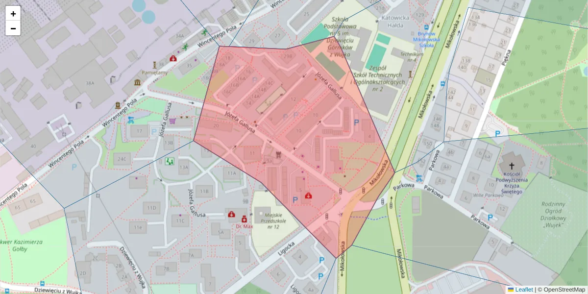 Szczegółowa mapa kodu pocztowego 40-594 z granicami, sąsiednimi kodami pocztowymi i urzędami pocztowymi
