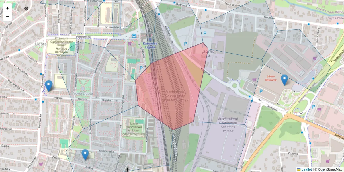 Szczegółowa mapa kodu pocztowego 40-605 z granicami, sąsiednimi kodami pocztowymi i urzędami pocztowymi