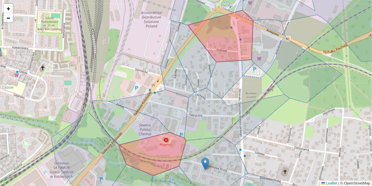 Szczegółowa mapa kodu pocztowego 40-608 z granicami, sąsiednimi kodami pocztowymi i urzędami pocztowymi