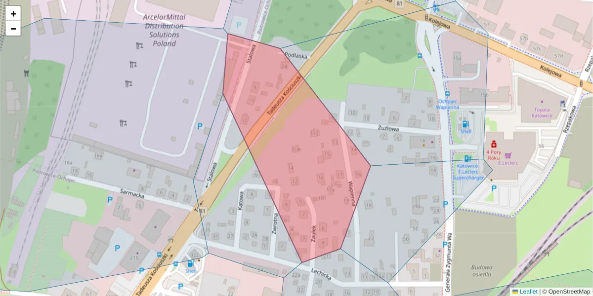 Szczegółowa mapa kodu pocztowego 40-618 z granicami, sąsiednimi kodami pocztowymi i urzędami pocztowymi