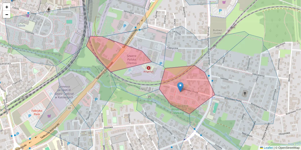 Szczegółowa mapa kodu pocztowego 40-619 z granicami, sąsiednimi kodami pocztowymi i urzędami pocztowymi