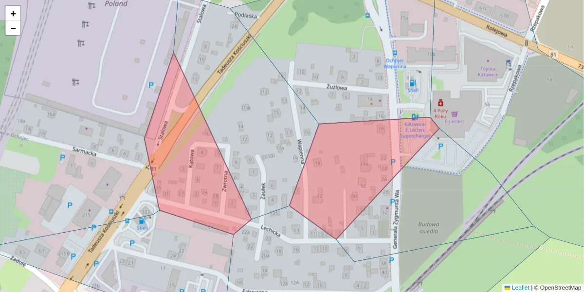 Szczegółowa mapa kodu pocztowego 40-621 z granicami, sąsiednimi kodami pocztowymi i urzędami pocztowymi
