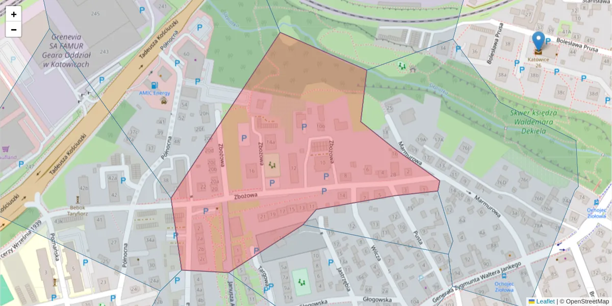 Szczegółowa mapa kodu pocztowego 40-657 z granicami, sąsiednimi kodami pocztowymi i urzędami pocztowymi
