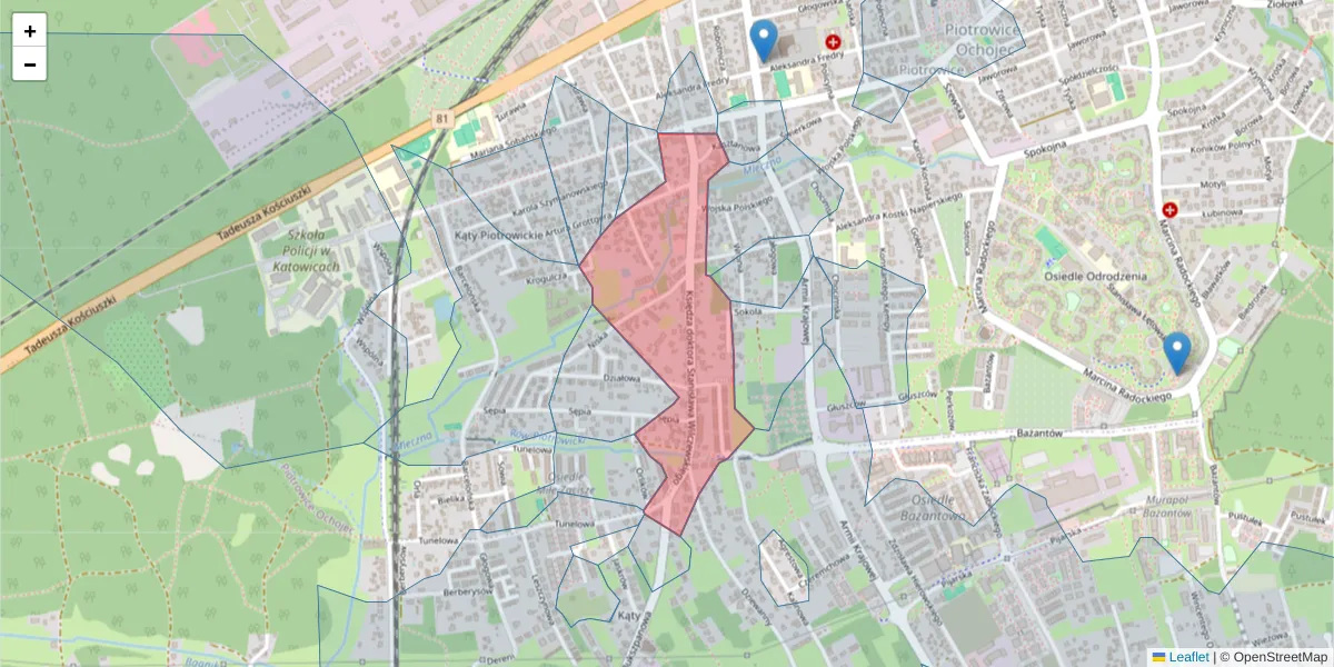 Szczegółowa mapa kodu pocztowego 40-675 z granicami, sąsiednimi kodami pocztowymi i urzędami pocztowymi