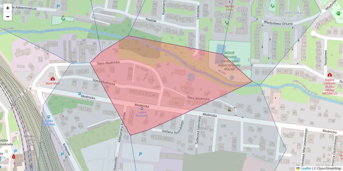 Szczegółowa mapa kodu pocztowego 40-701 z granicami, sąsiednimi kodami pocztowymi i urzędami pocztowymi