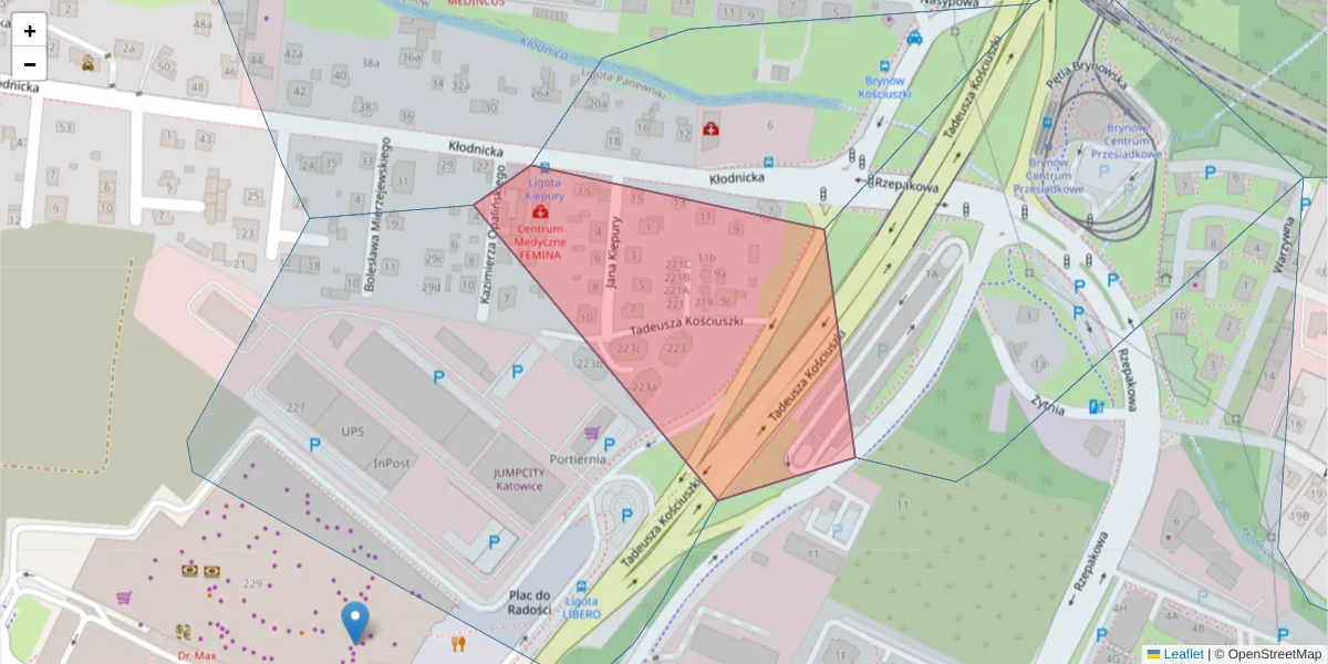 Szczegółowa mapa kodu pocztowego 40-703 z granicami, sąsiednimi kodami pocztowymi i urzędami pocztowymi