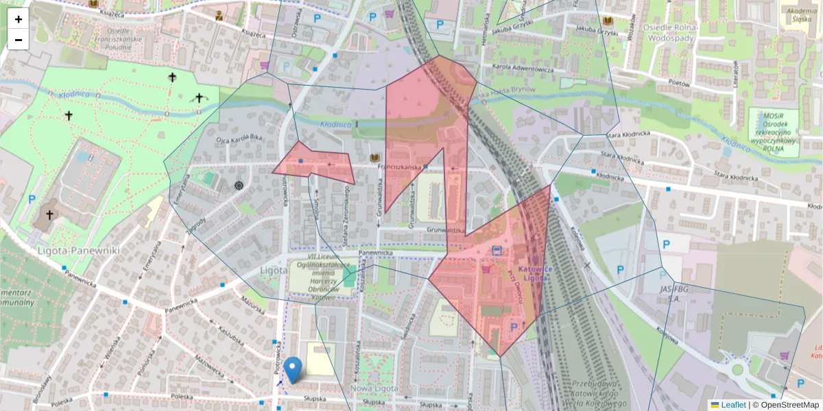 Szczegółowa mapa kodu pocztowego 40-707 z granicami, sąsiednimi kodami pocztowymi i urzędami pocztowymi