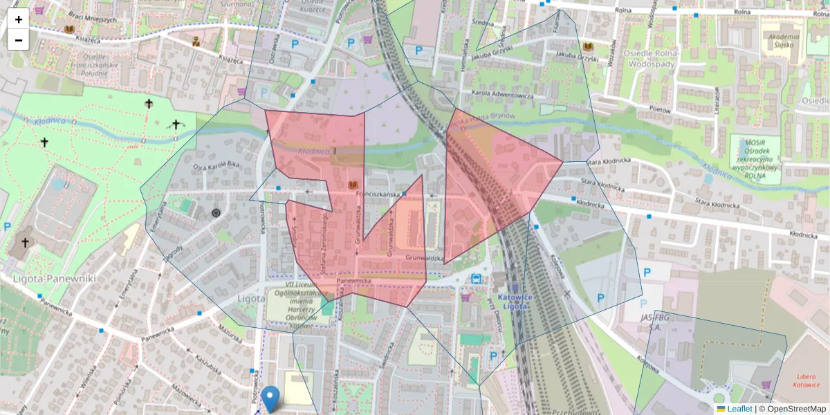 Szczegółowa mapa kodu pocztowego 40-708 z granicami, sąsiednimi kodami pocztowymi i urzędami pocztowymi