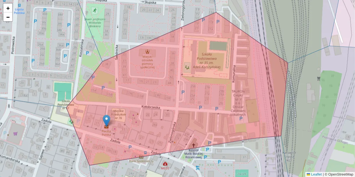 Szczegółowa mapa kodu pocztowego 40-710 z granicami, sąsiednimi kodami pocztowymi i urzędami pocztowymi