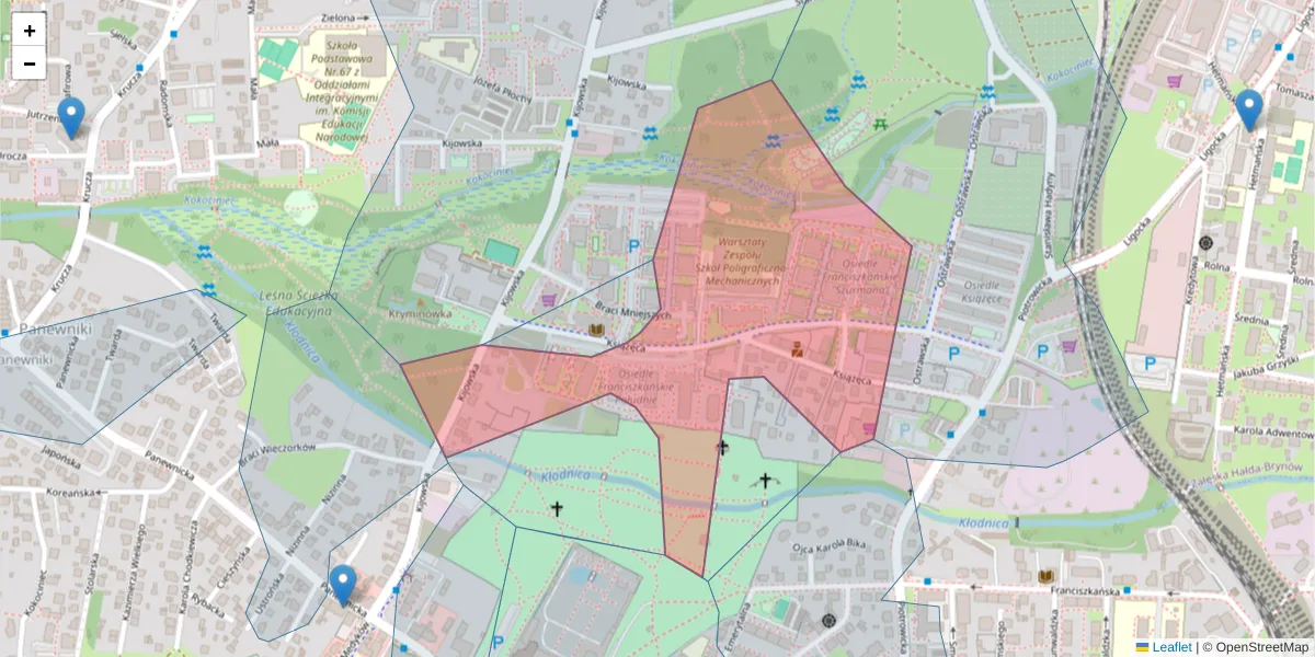 Szczegółowa mapa kodu pocztowego 40-725 z granicami, sąsiednimi kodami pocztowymi i urzędami pocztowymi