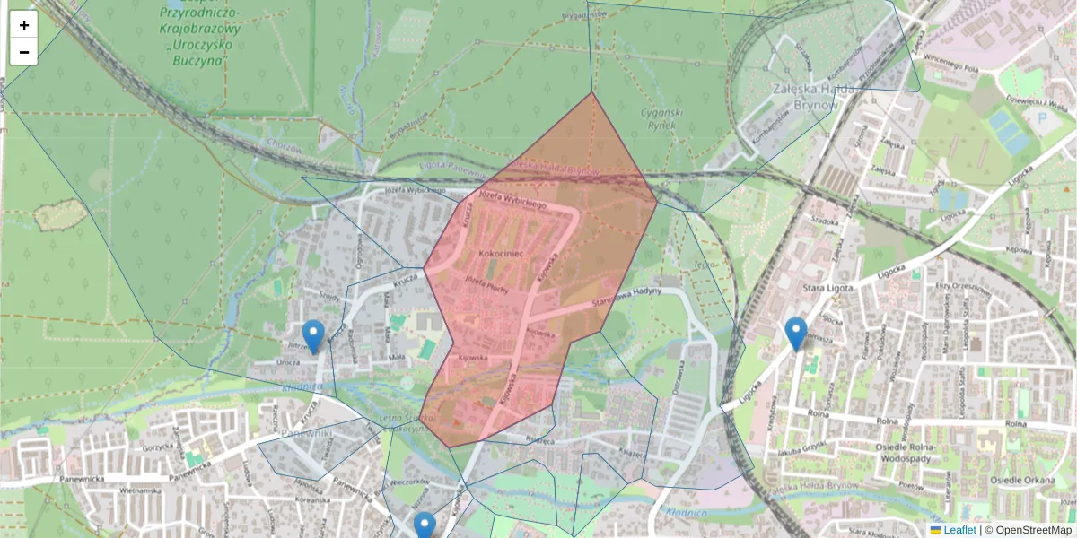 Szczegółowa mapa kodu pocztowego 40-754 z granicami, sąsiednimi kodami pocztowymi i urzędami pocztowymi
