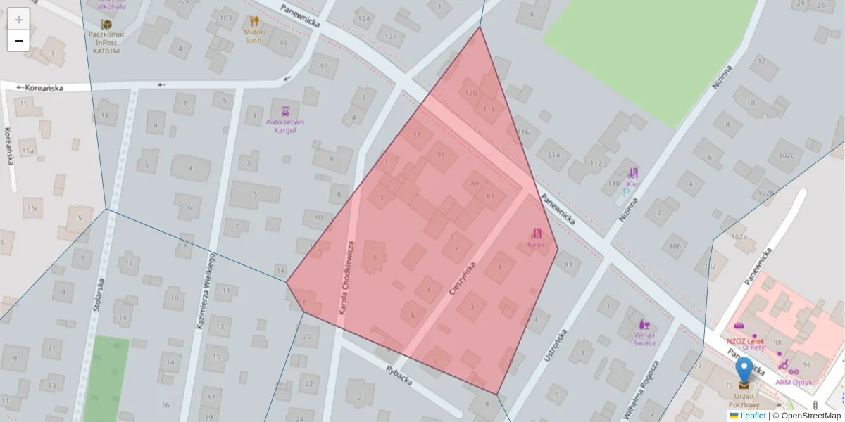 Szczegółowa mapa kodu pocztowego 40-763 z granicami, sąsiednimi kodami pocztowymi i urzędami pocztowymi