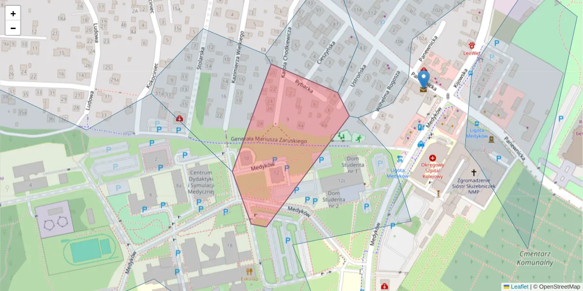 Szczegółowa mapa kodu pocztowego 40-764 z granicami, sąsiednimi kodami pocztowymi i urzędami pocztowymi