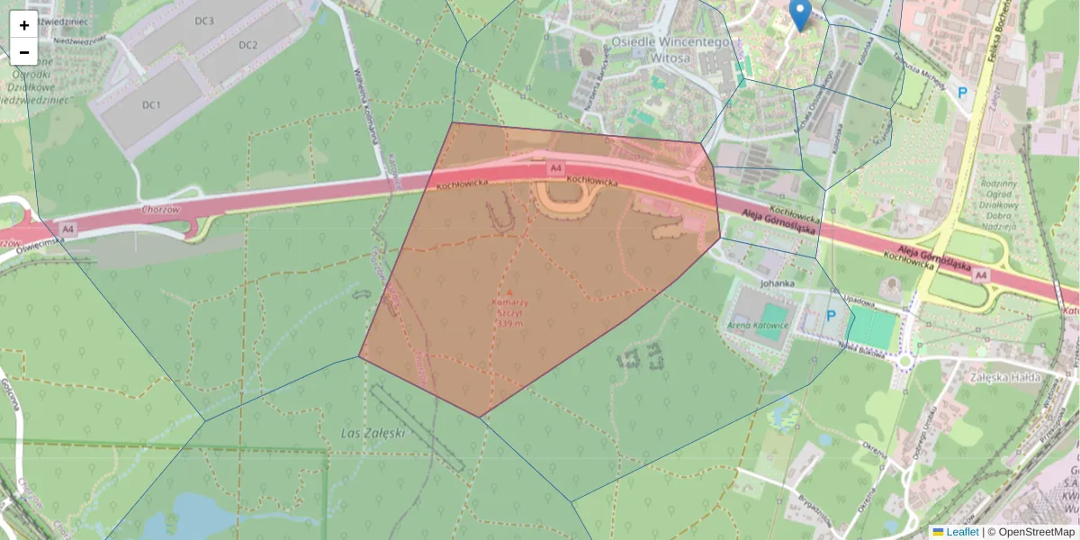 Szczegółowa mapa kodu pocztowego 40-818 z granicami, sąsiednimi kodami pocztowymi i urzędami pocztowymi