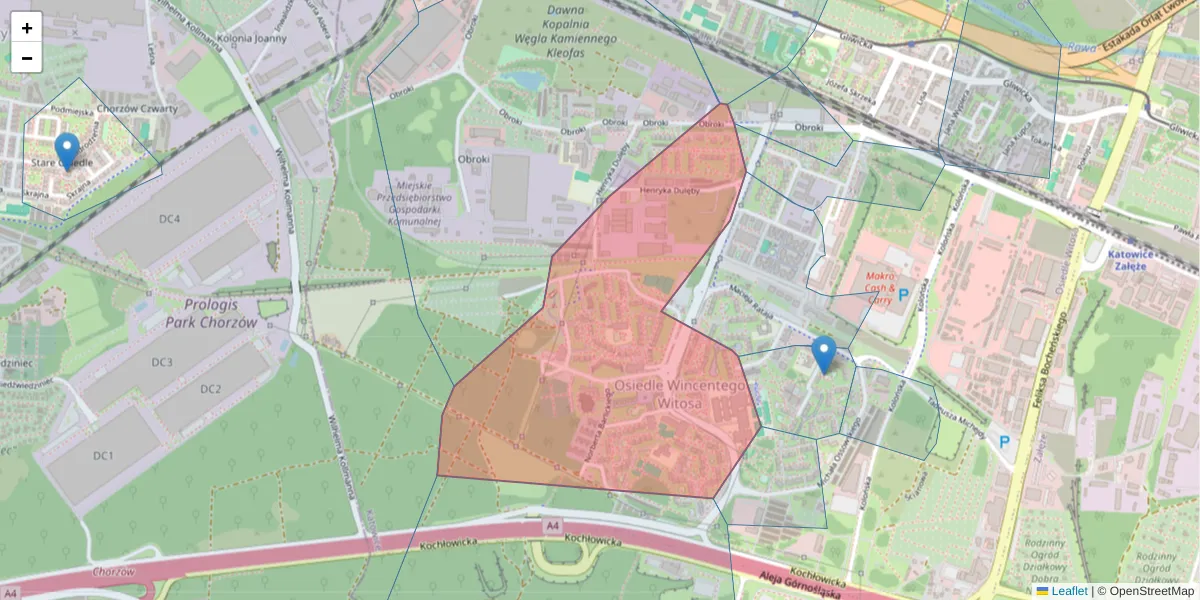 Szczegółowa mapa kodu pocztowego 40-832 z granicami, sąsiednimi kodami pocztowymi i urzędami pocztowymi