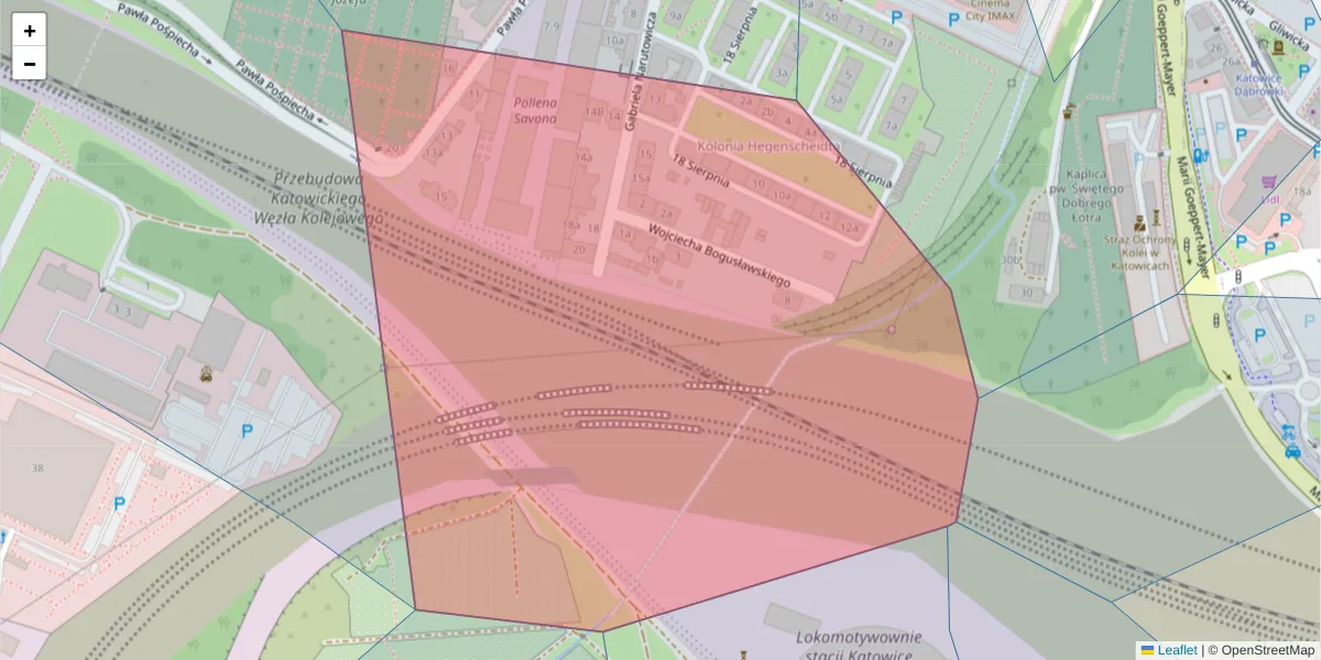 Szczegółowa mapa kodu pocztowego 40-850 z granicami, sąsiednimi kodami pocztowymi i urzędami pocztowymi