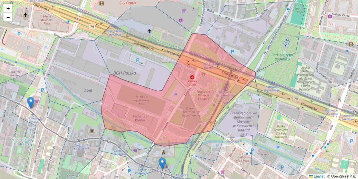 Szczegółowa mapa kodu pocztowego 40-851 z granicami, sąsiednimi kodami pocztowymi i urzędami pocztowymi