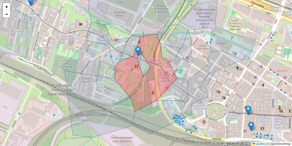 Szczegółowa mapa kodu pocztowego 40-853 z granicami, sąsiednimi kodami pocztowymi i urzędami pocztowymi